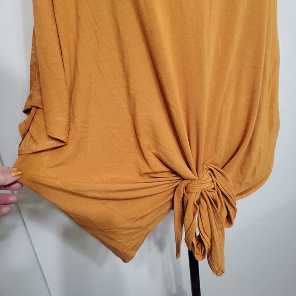 Zenana Short Sleeve Blouse Top Mustard Yellow Gold Tie Front Stretch Loose Large - Picture 5 of 10